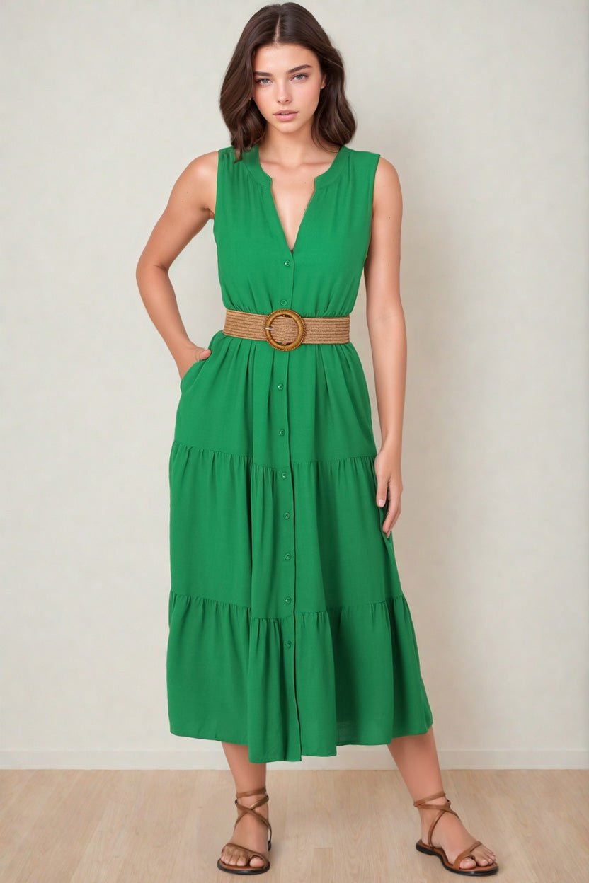 Fifi Linen Midi Dress - Mandarin Collar Sleeveless Button Down Dress in Green