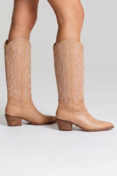 Bentley Embroidered Cowboy Boots- Biscuit