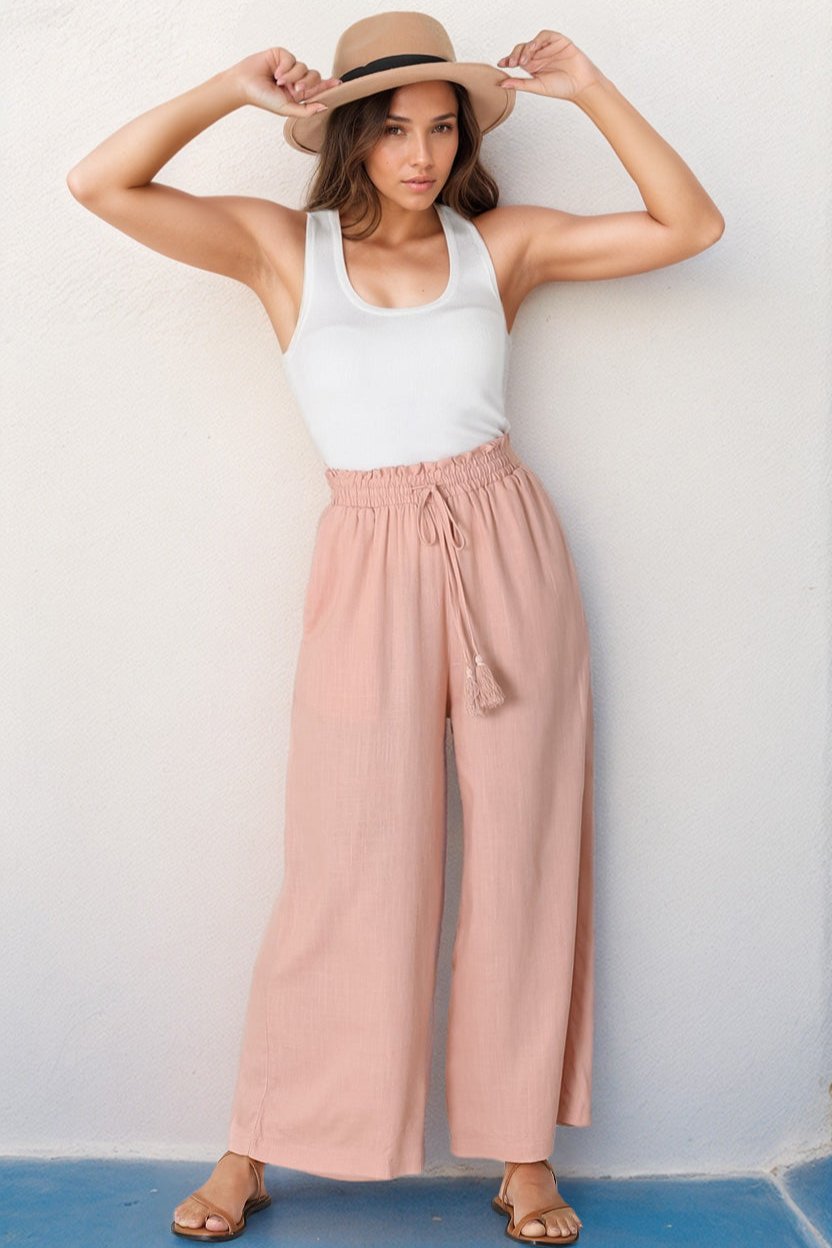 Levelle Pants - Linen Blend Paper Bag Waist with Drawstring Wide Leg Pants with Pockets in Blush