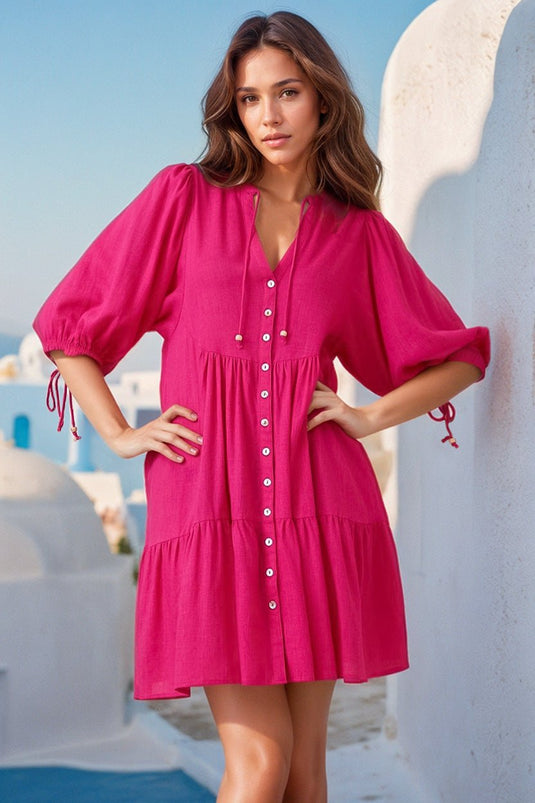 Lea Mini Dress - 3/4 Sleeve Babydolll Dress in Hot Pink