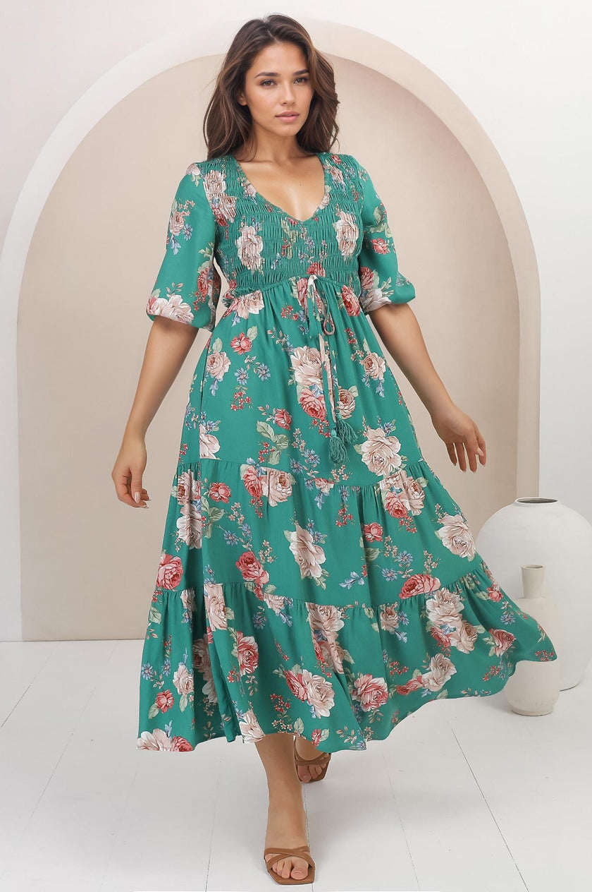 Jaden Midi Dress - Elasticated Bodice A Line Dress in our Louise Print