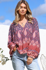 JAASE - Rue Top: V Neck Smock Top with Crochet Trim in Dancing Daisy Print