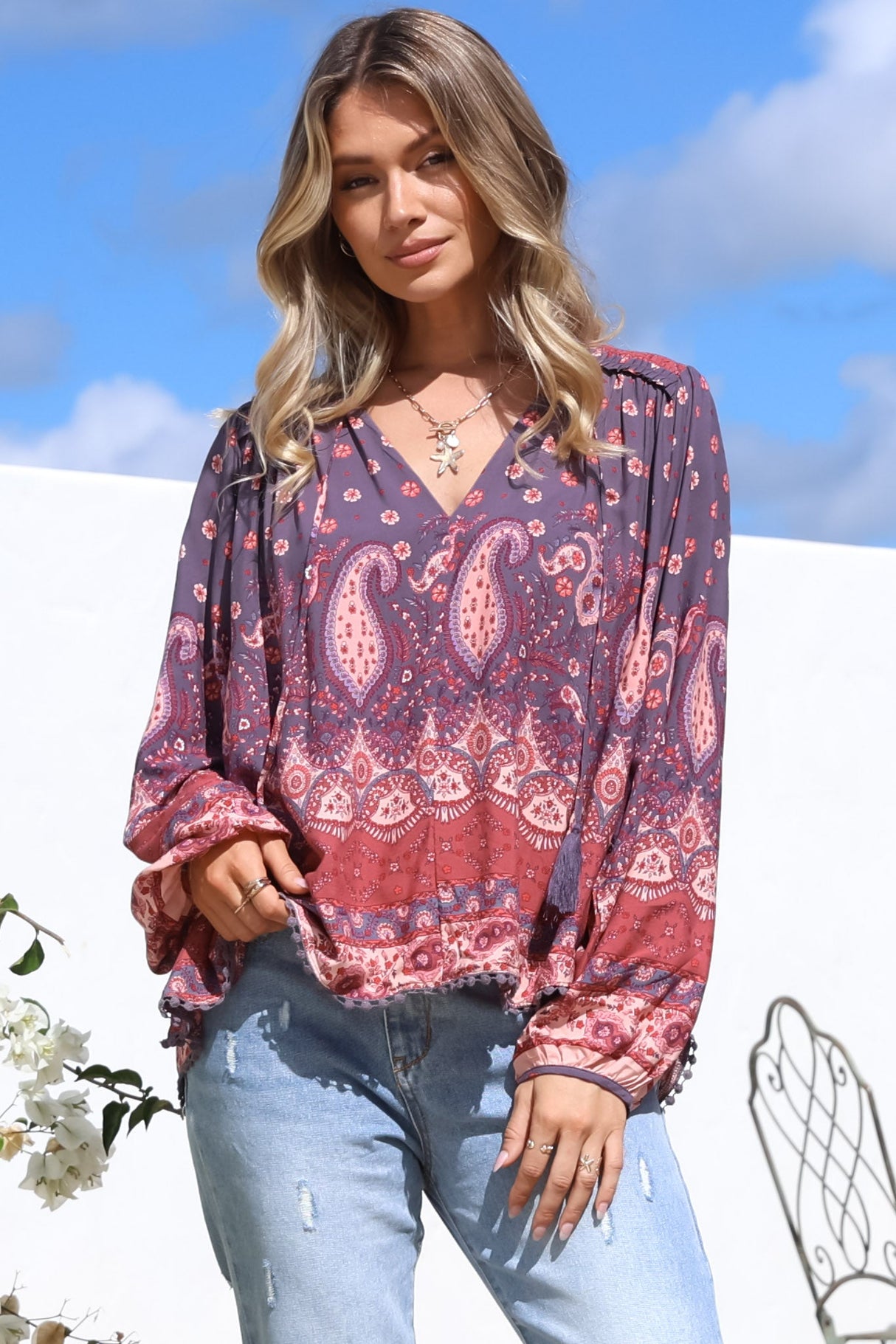 JAASE - Rue Top: V Neck Smock Top with Crochet Trim in Dancing Daisy Print