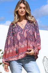 JAASE - Rue Top: V Neck Smock Top with Crochet Trim in Dancing Daisy Print