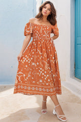 Shira Midi Dress - On Or Off Shoulder Elasticated Bodice Dress With Short Balloon Sleeves In Embry Print Orange