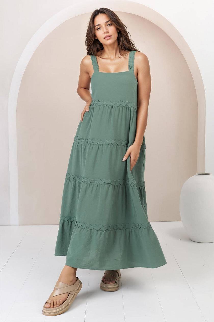 Bailie Maxi Dress - Rick Rack Detailed Sun Dress with Pockets in Green