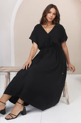 Ashanti Midi Dress - Pin Tuck V Neck Pull Over Dress with Waist Tie in Black