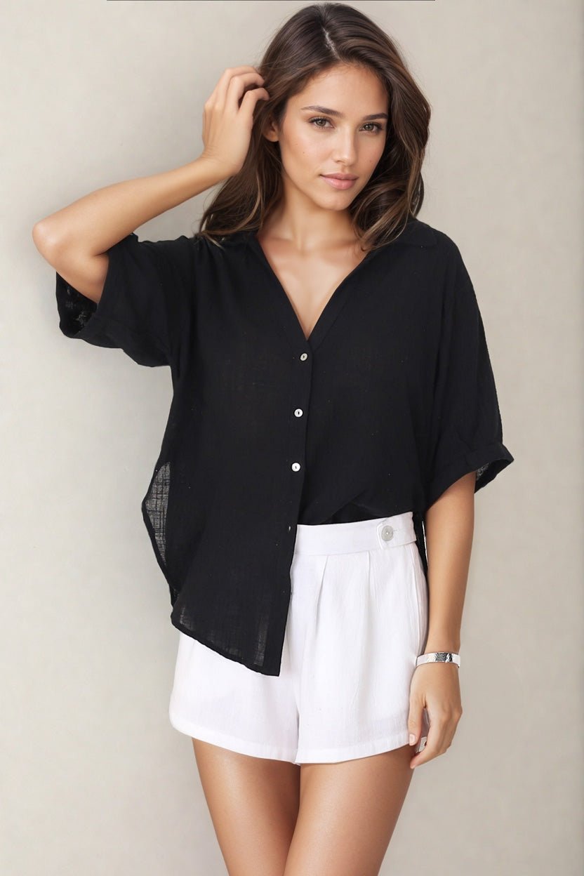 Shelly Shirt - Linen Collared Button Down Shirt in Black