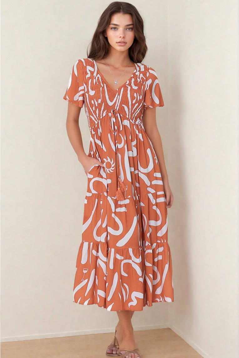 Amaya Midi Dress - Shirred Cap Sleeve A Line Dress in Daley Print Rust