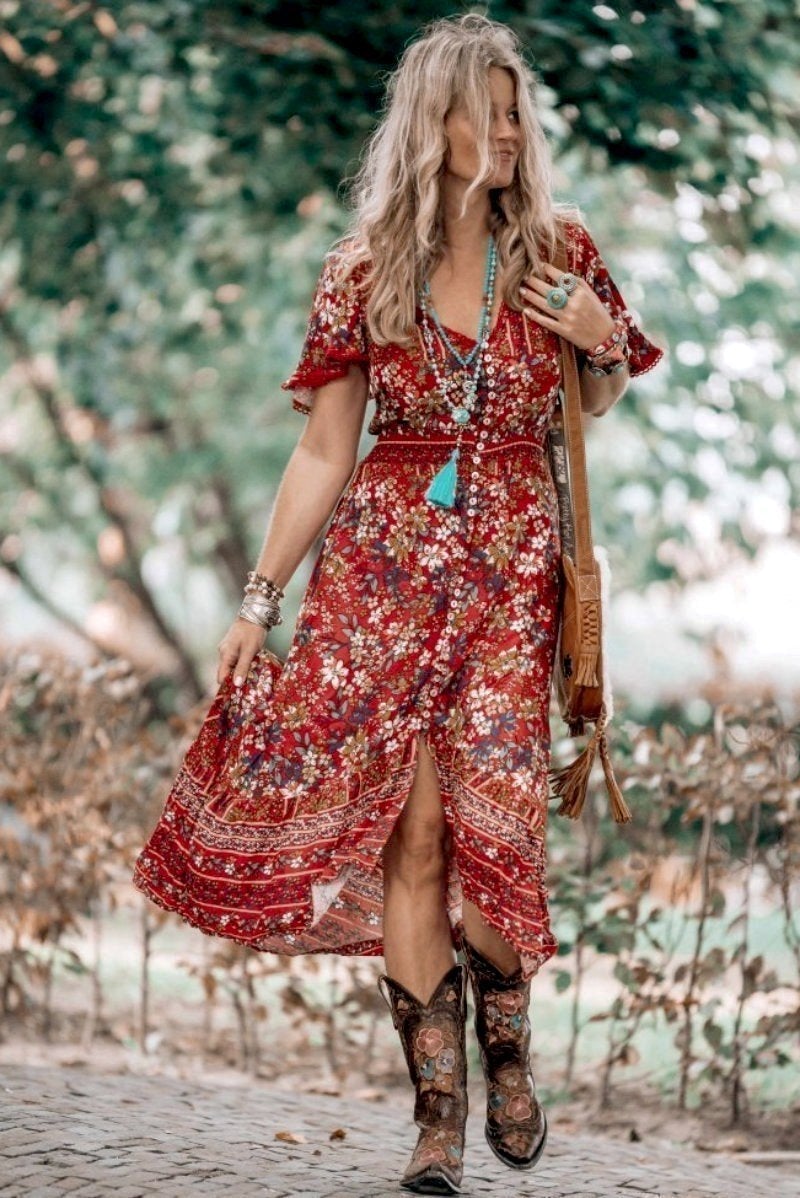 London Maxi Dress Elasticated Waist Button Detail High Low Dress Flutter Cap Sleeves Floral Print