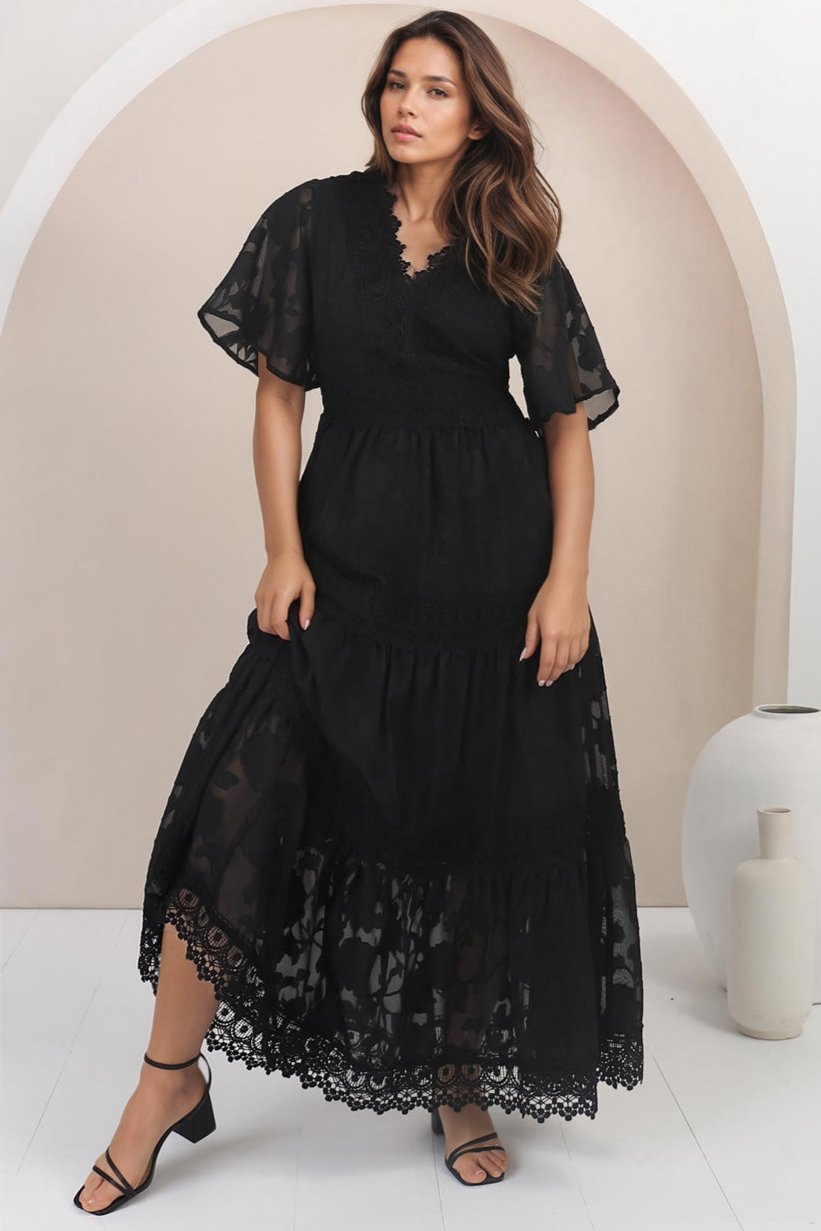 Madeline Maxi Dress - Lace Trim Embroidered A Line Dress in Black