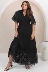 Madeline Maxi Dress - Lace Trim Embroidered A Line Dress in Black