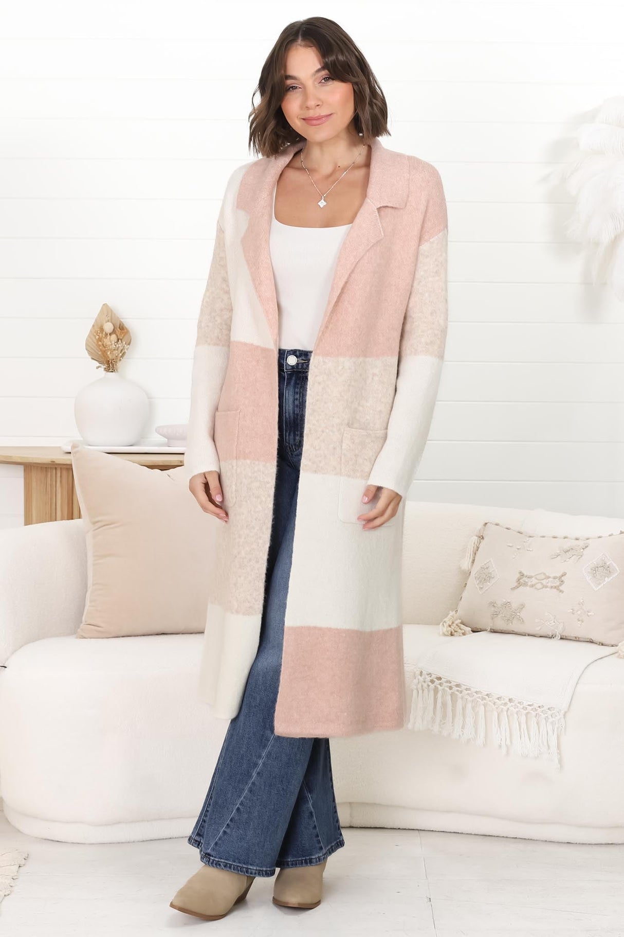 Haylie Cardigan - Checkered Long Line Open Cardigan in Pink Marle