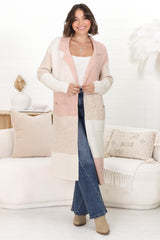 Haylie Cardigan - Checkered Long Line Open Cardigan in Pink Marle