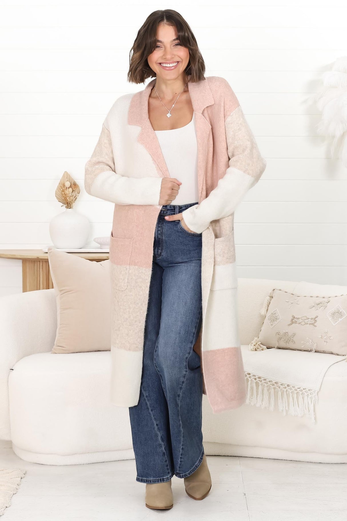 Haylie Cardigan - Checkered Long Line Open Cardigan in Pink Marle