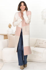 Haylie Cardigan - Checkered Long Line Open Cardigan in Pink Marle