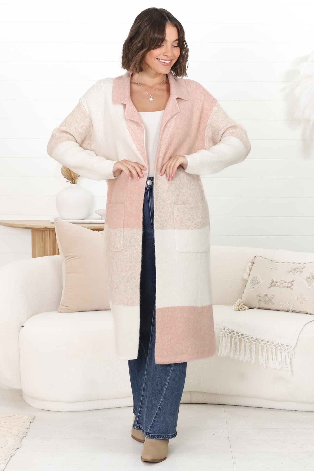 Haylie Cardigan - Checkered Long Line Open Cardigan in Pink Marle