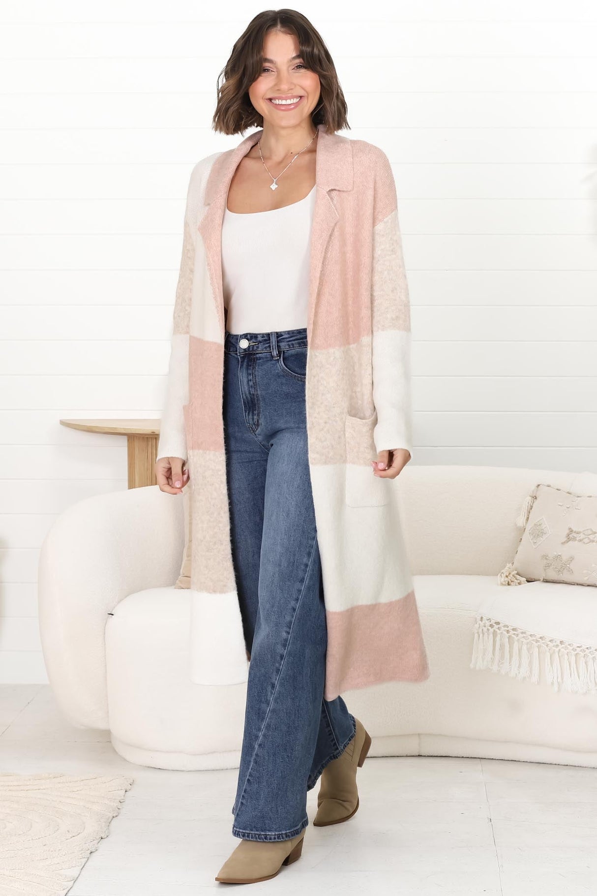 Haylie Cardigan - Checkered Long Line Open Cardigan in Pink Marle