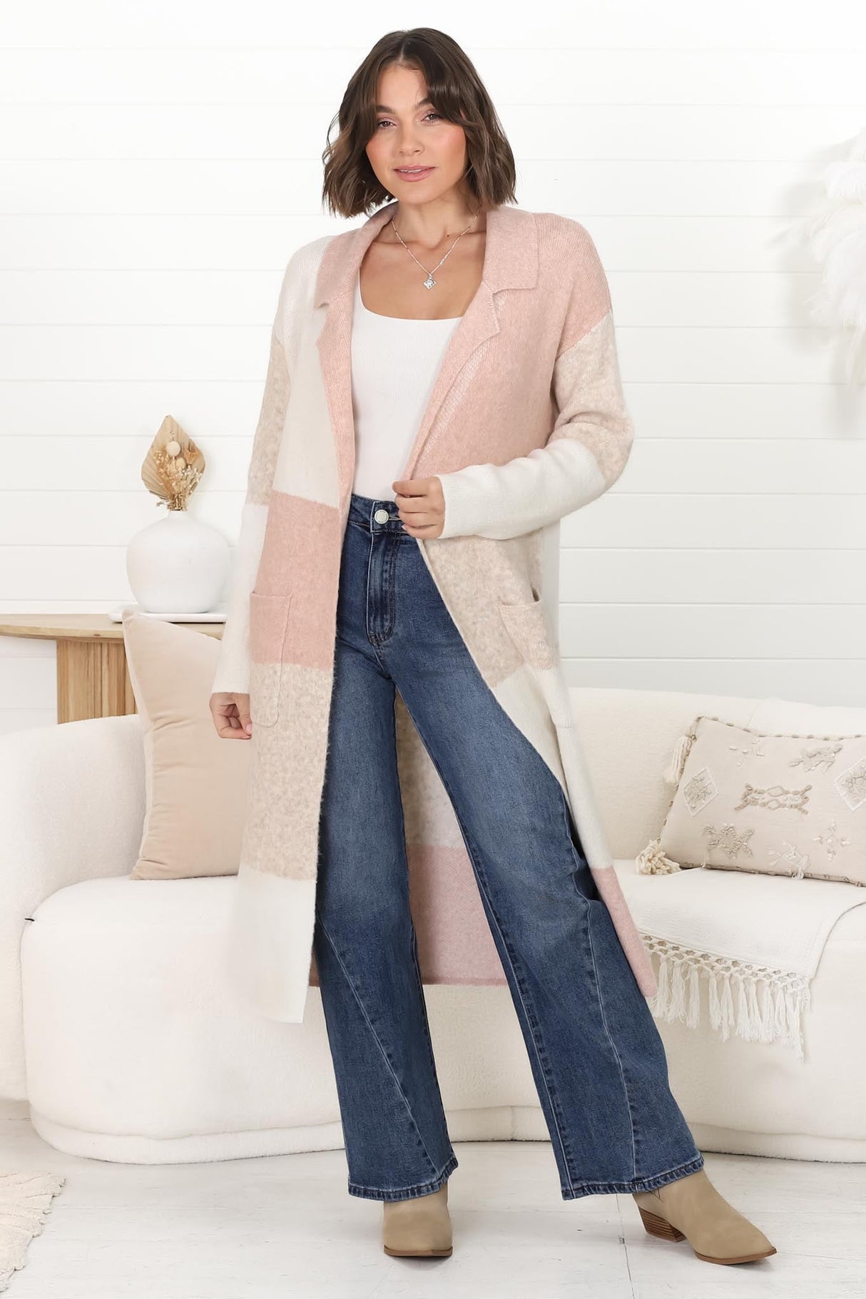 Haylie Cardigan - Checkered Long Line Open Cardigan in Pink Marle