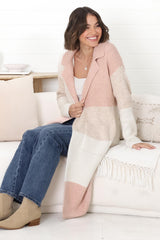 Haylie Cardigan - Checkered Long Line Open Cardigan in Pink Marle