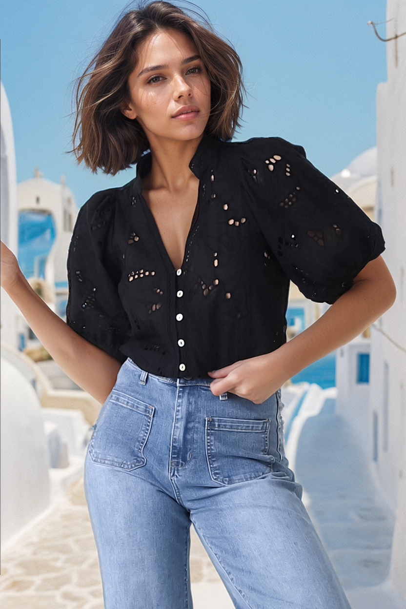 Clare Blouse - Hollow Out Embroidered Button Down Blouse in Black