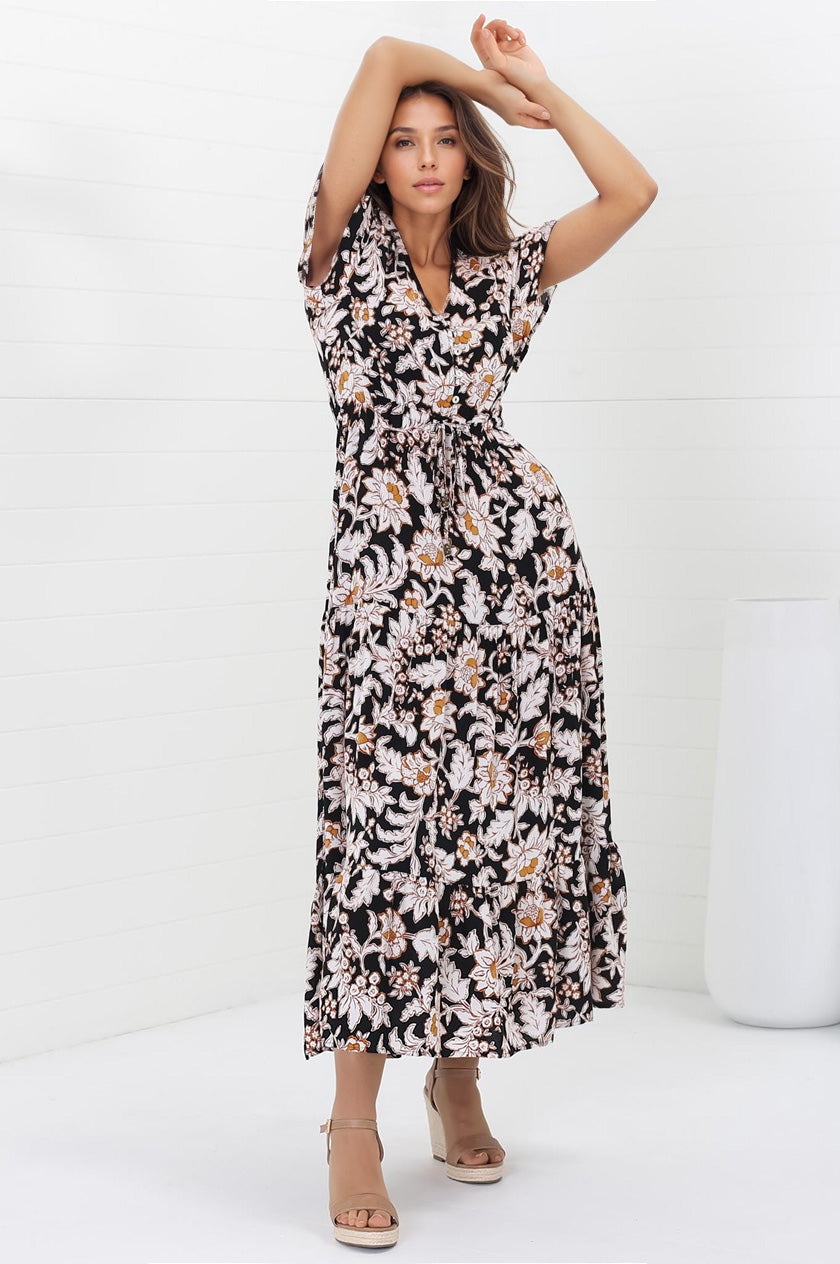 Hanna Maxi Dress - Cap Sleeve Tiered A Line Dress with Toggle Detailed Waist Tie in Torah Print