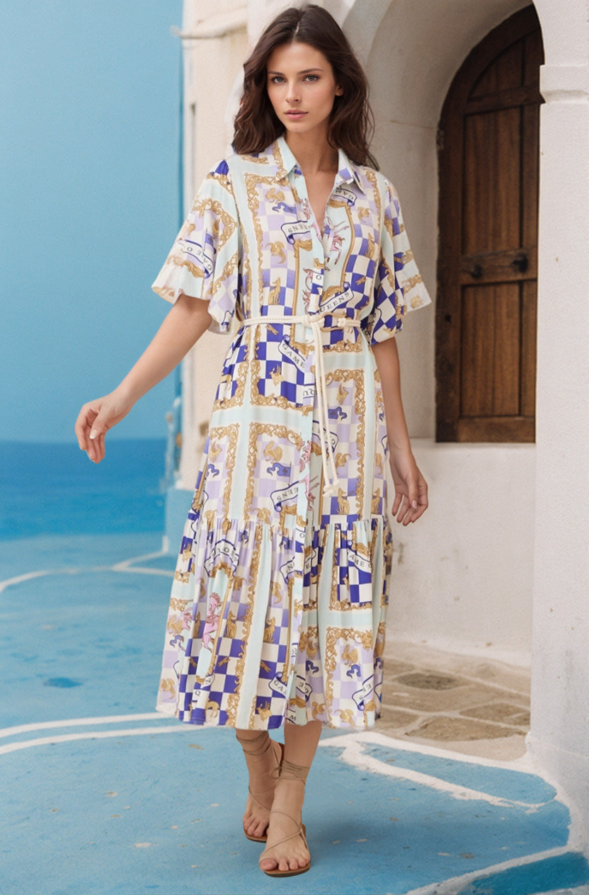 Addax Midi Dress - Collared Button Down Dress with Bell Sleeves and Ruffle Hem in Estella Print