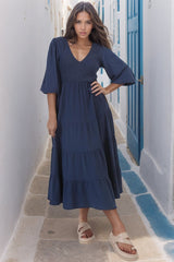 Lellah Midi Dress - Shirred Bodice Soft V Neck Tiered Dress in Navy