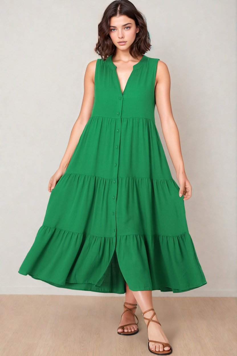 Fifi Linen Midi Dress - Mandarin Collar Sleeveless Button Down Dress in Green