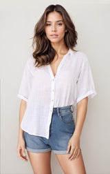 Shelly Shirt - Linen Collared Button Down Shirt in White