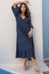 Lellah Midi Dress - Shirred Bodice Soft V Neck Tiered Dress in Navy