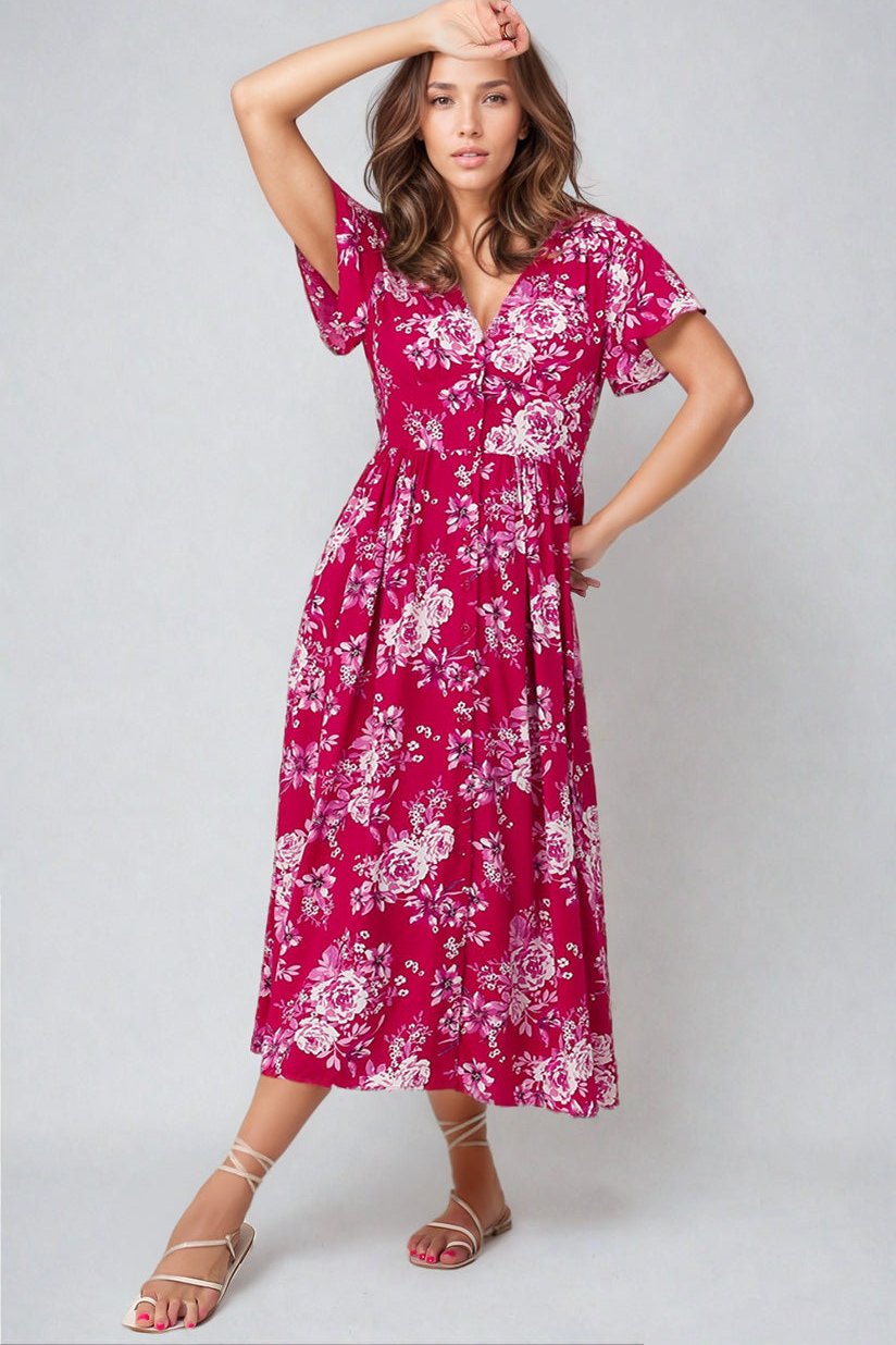 Anais Midi Dress - Cap Flutter Sleeve Button Down A Line Dress in Kimberly Print