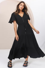 Anya Maxi Dress - Flutter Cap Sleeve Pull Tie Waist Dress in Black