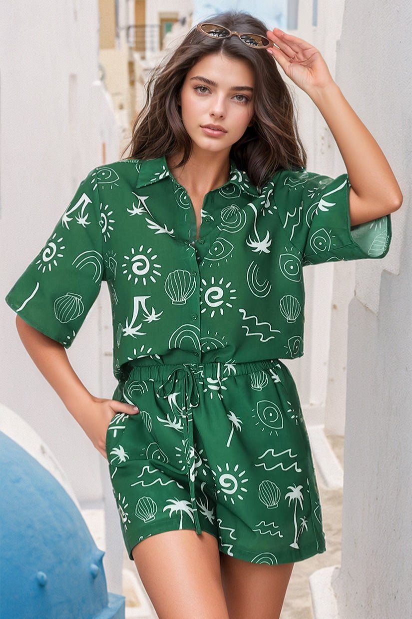 Talitha Button Up Shirt And Shorts Set - Maui Print in Green