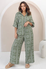 Rayane Collared Shirt and Pants Set - Astra Print in Green