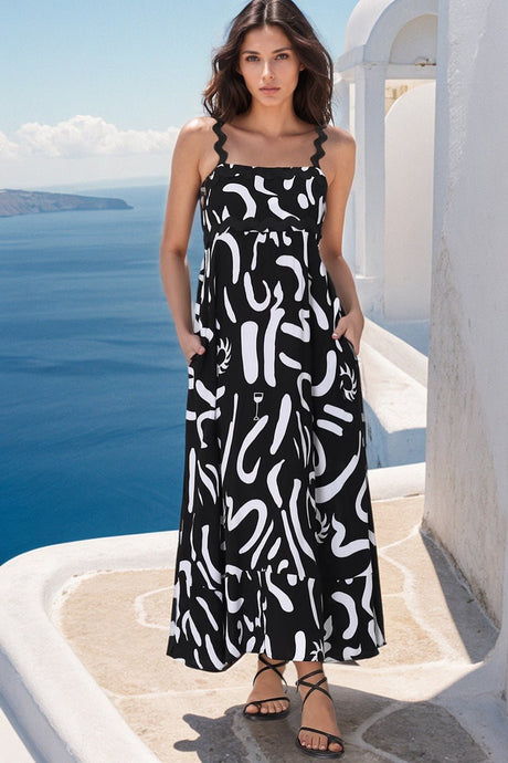 Bailie Maxi Dress - Rick Rack Detailed Sun Dress with Pockets Daley Print in Black