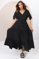 Anya Maxi Dress - Flutter Cap Sleeve Pull Tie Waist Dress in Black