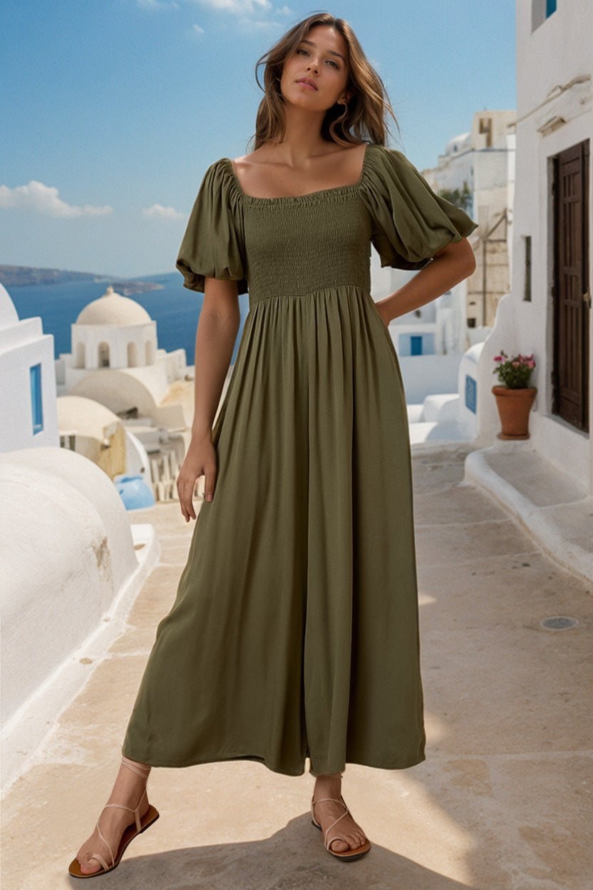 Elsa Jumpsuit- On or Off Shoulder Wide Leg Jumpsuit in Khaki