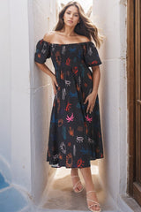 Shira Midi Dress - On Or Off Shoulder Elasticated Bodice Dress With Short Balloon Sleeves In Kalista Print Navy