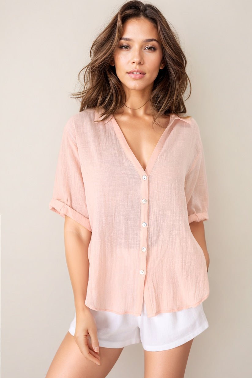 Shelly Shirt - Linen Collared Button Down Shirt in Pink