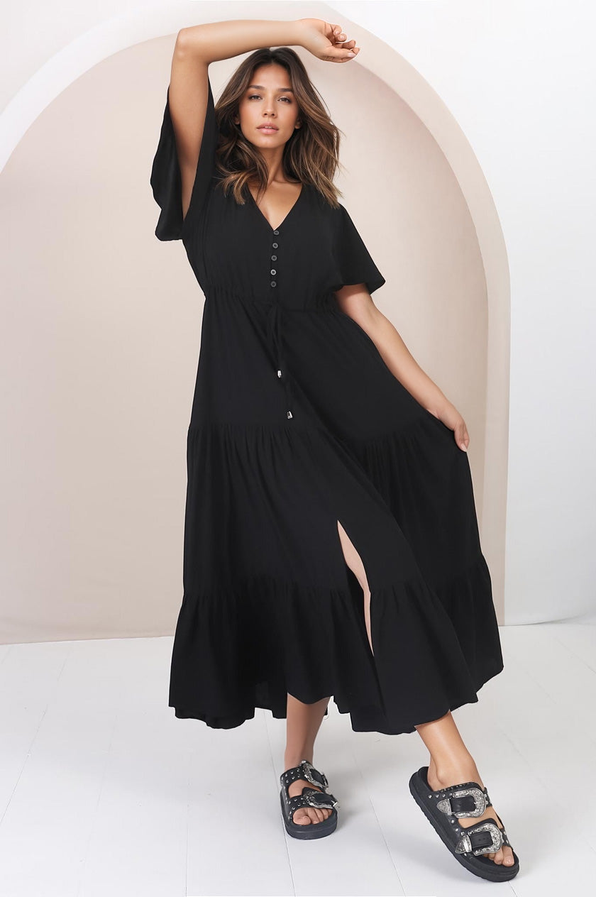 Anya Maxi Dress - Flutter Cap Sleeve Pull Tie Waist Dress in Black