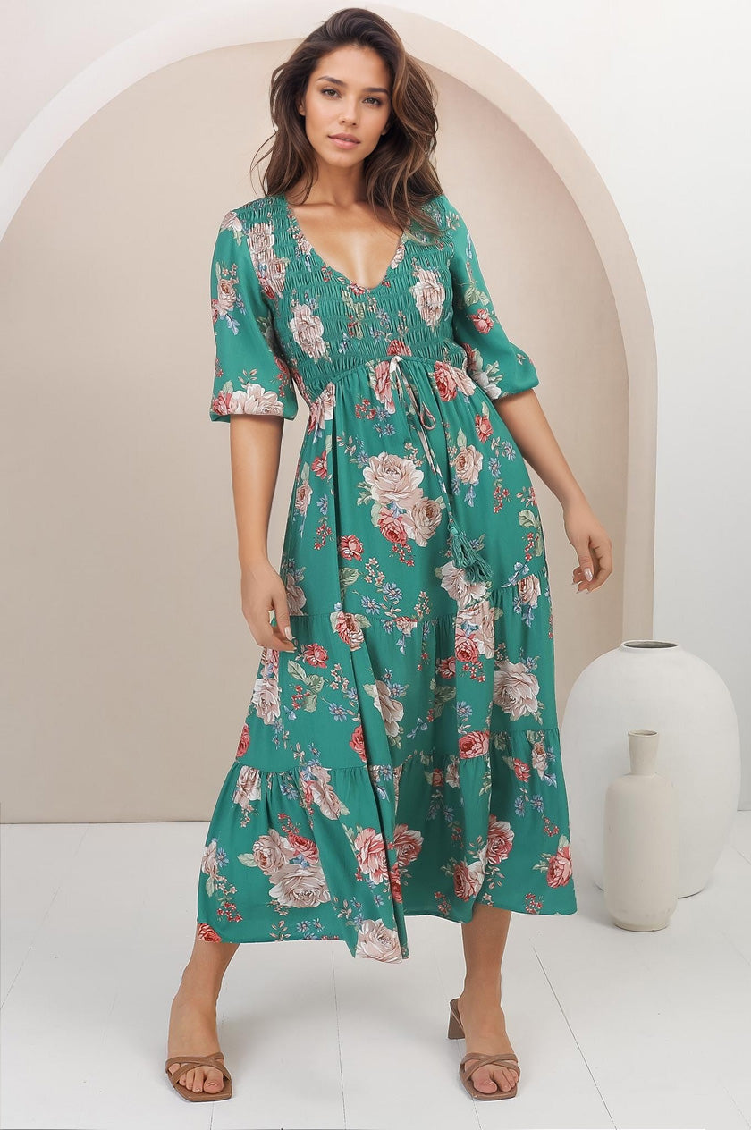 Jaden Midi Dress - Elasticated Bodice A Line Dress in our Louise Print