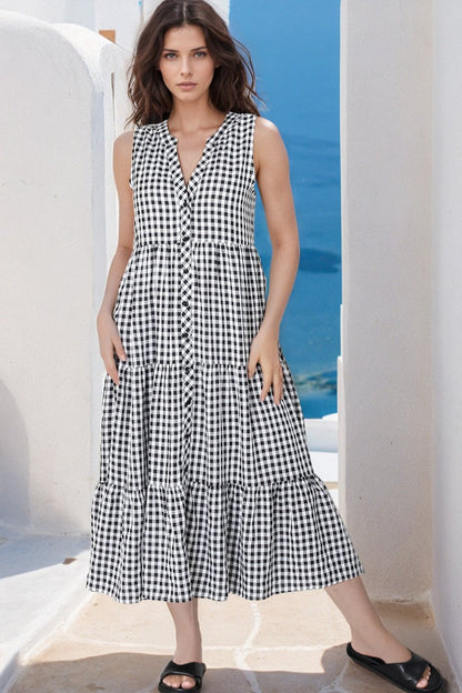 Acelle Midi Dress - Sleeveless Bermuda Collar Button Down Gingham Dress in Black