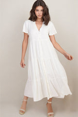 Milla Midi Dress - Tiered Cap Sleeve Button Down Linen Dress in White