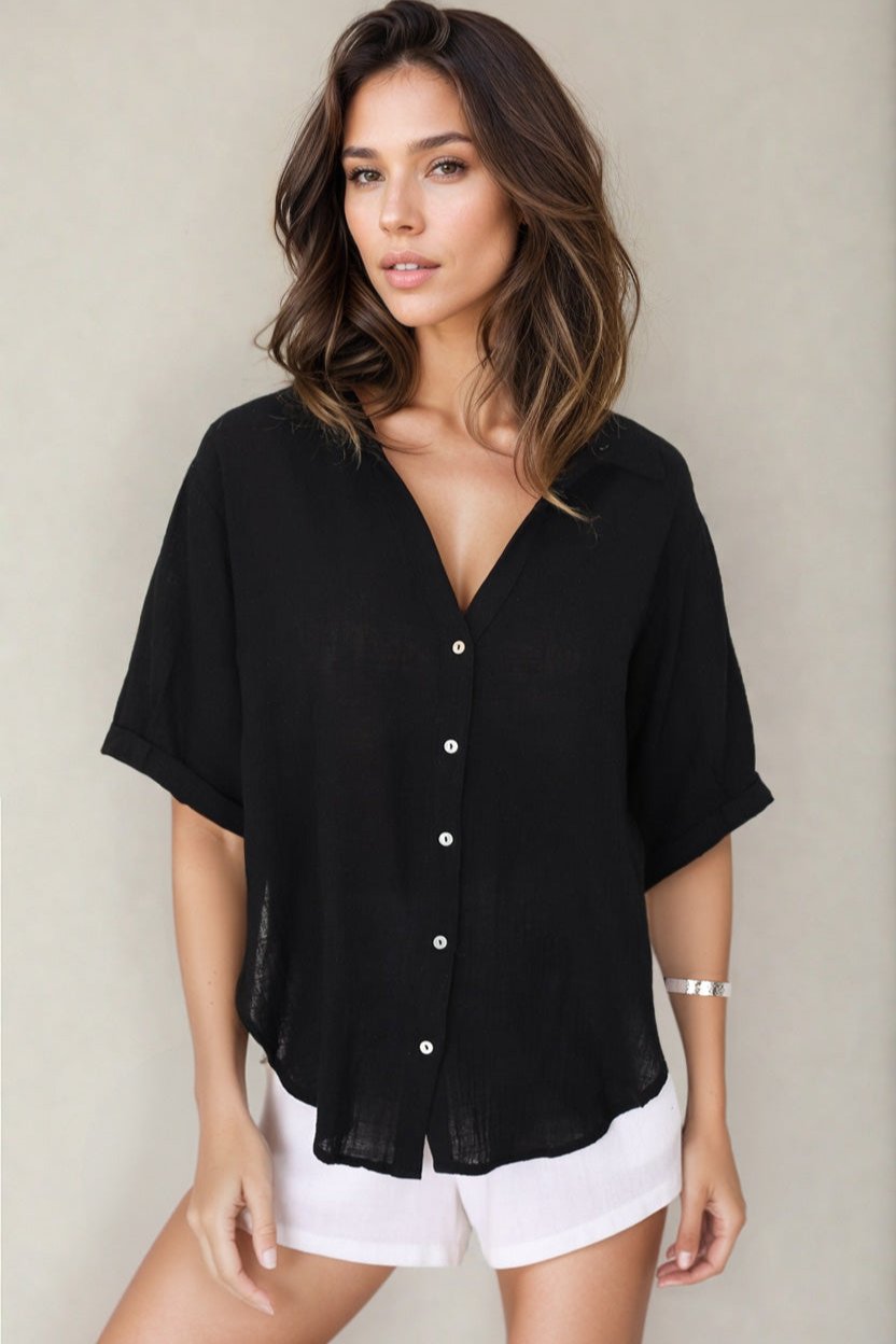 Shelly Shirt - Linen Collared Button Down Shirt in Black