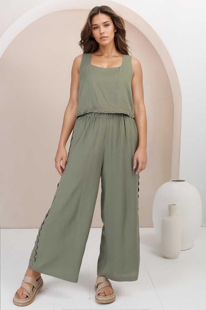 Bailie Linen Set - Boxy Top and Pant Set with Rick Rack Detailing in Khaki