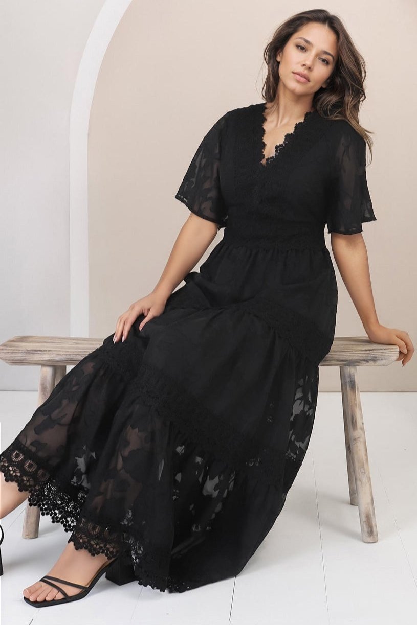 Madeline Maxi Dress - Lace Trim Embroidered A Line Dress in Black