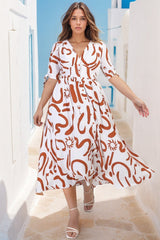 Nelli Midi Dress - V Neckline A Line Dress with Tie Detail Sleeve in Daley Print Terracotta