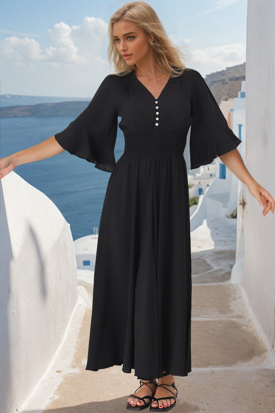 Alba Maxi Dress - Buttoned Bodice A Line Dress in Black