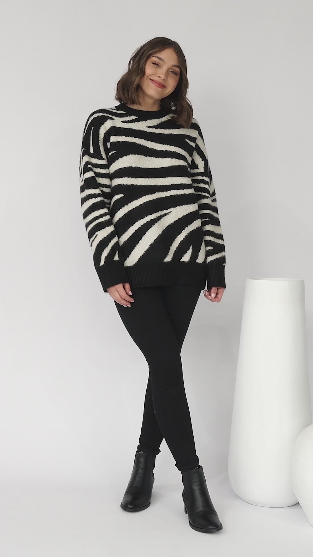 Zebra Jumper - Crew Neck Zebra Print Knit Jumper